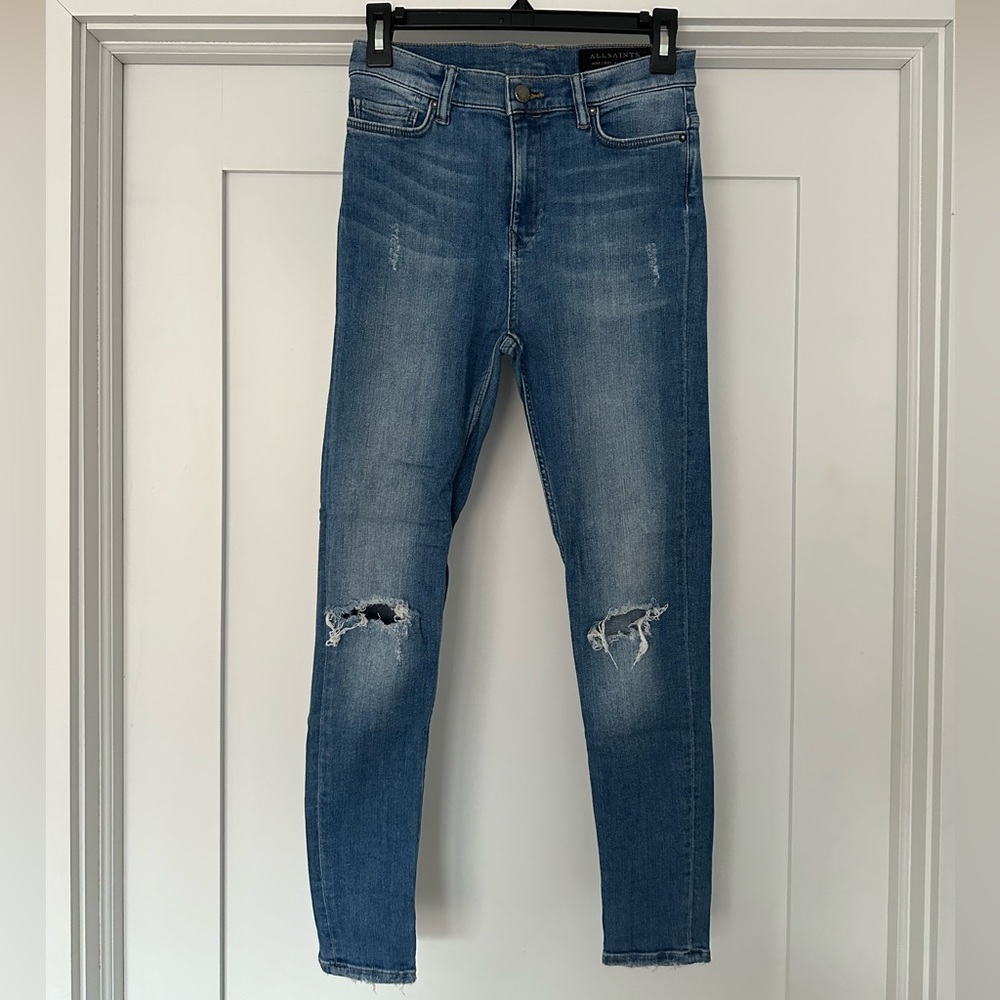 All Saints High-Waisted Blue Skinny Jeans w/ Ripped Knees